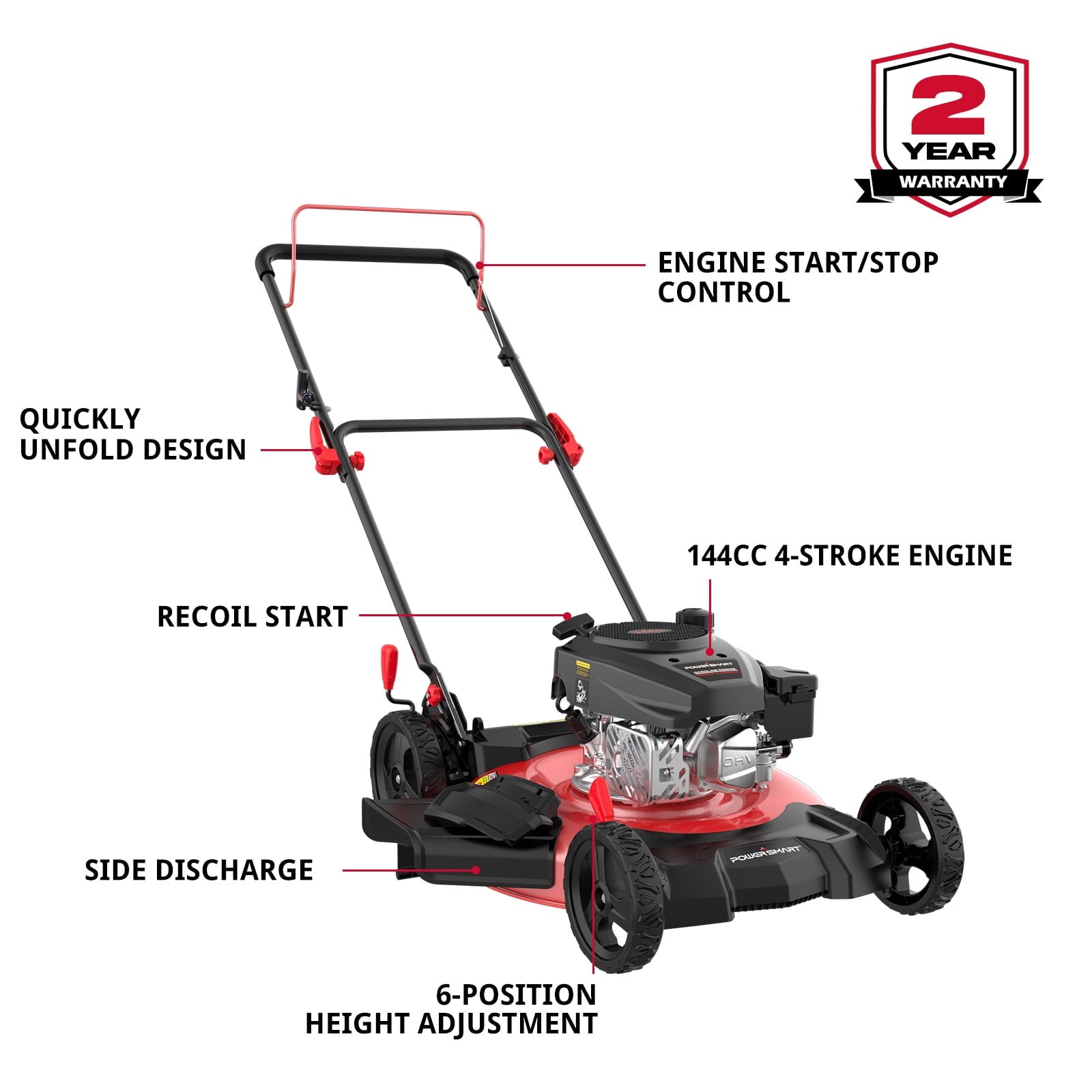 PowerSmart 21 in. Gas Push Lawn Mower, 144cc 2-in-1 Side Discharge - Image 2