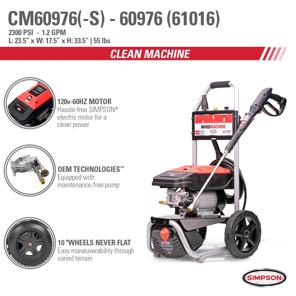 SIMPSON 1.2-GPM Clean Machine 2300 PSI 1.2-GPM Cold Water Electric Pressure Washer with 3 Spray Tips (Battery Included) CM60976 - Image 12